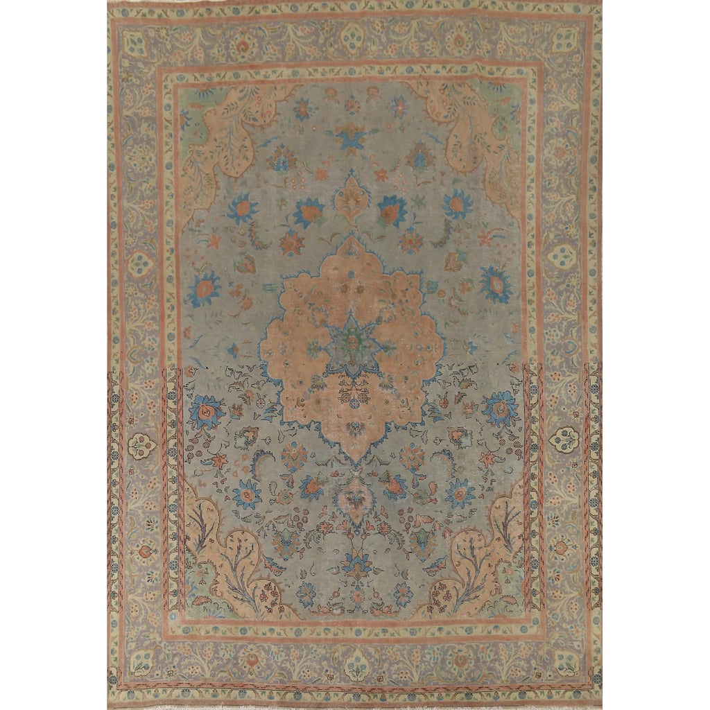 Floral Green Tabriz Persian Vintage Area Rug Hand-Knotted Wool Carpet - 9'7"x 12'11"