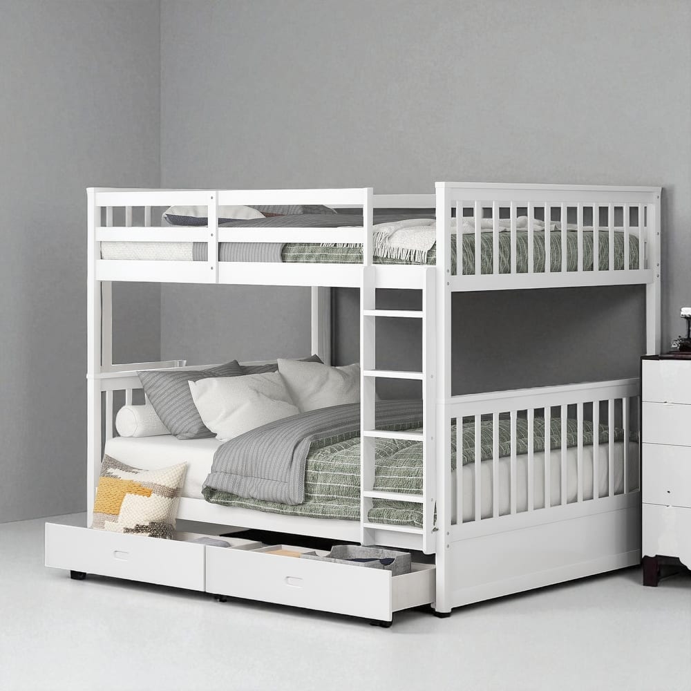 Full Over Full Bunk Bed with Ladder and 2 Storage Drawers, Convertible Wood Frame for Kids or Teens