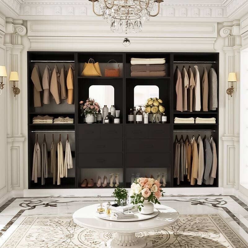 Set of 4 Closet System with 4 Drawer and Hanging Rods, Freestanding Closet Organizer with Storage Shelves - Black