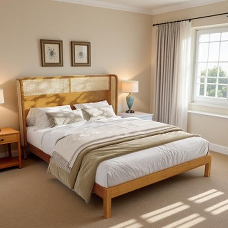 Rubberwood Platform Bed with Headboard, Mid-Century Modern Natural Finish, Sturdy Wood Slat Support System