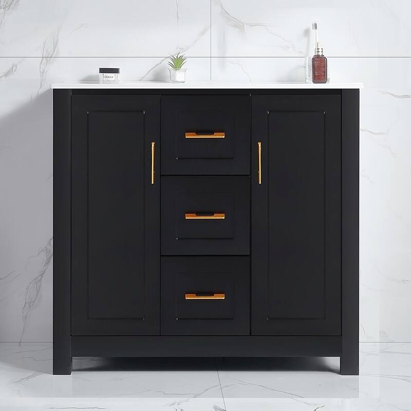 Bathroom Vanity with Single Sink, Wood Storage Cabinet with 2 Soft Closing Doors, Freestanding Vanity Cabinet with 3 Drawers - Black