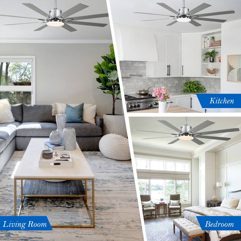 CurveCurio Large 72" Sleek Modern 8 Wood Blades Ceiling Fan with 3 Color Tone Dimmable LED Light Kit Incldued for Living Room