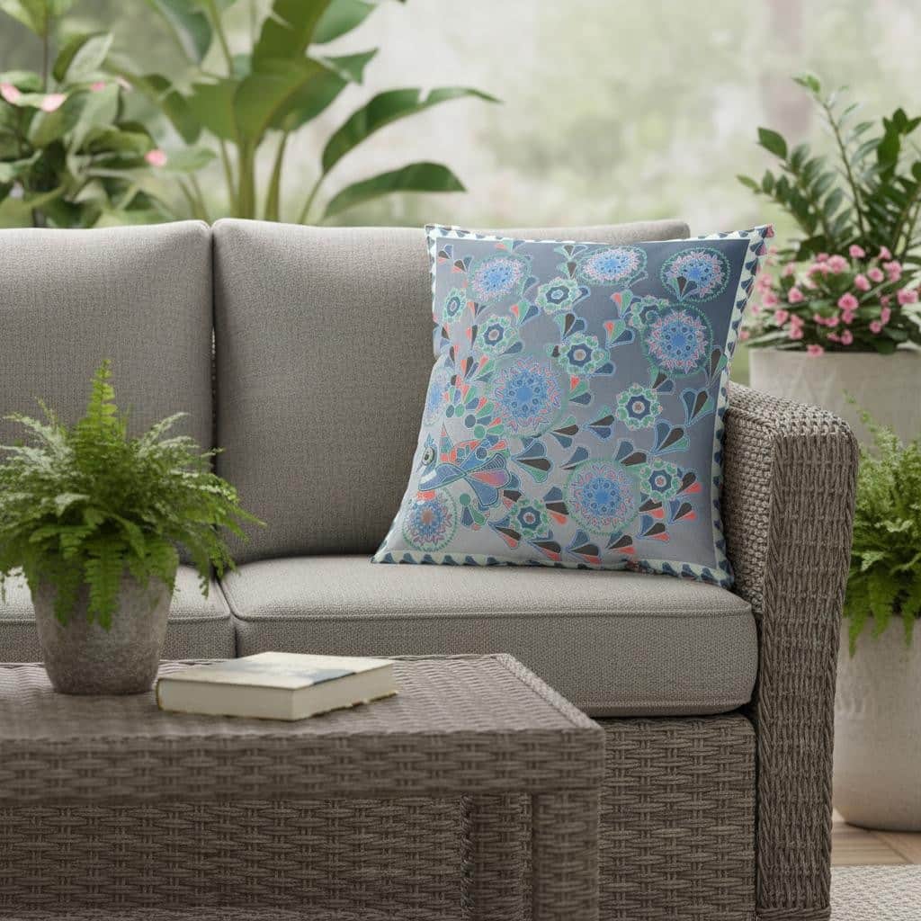 HomeRoots 26" x 26" Blue and White Peacock Blown Seam Floral Indoor Outdoor Throw Pillow - 26.00' X '5.00' X '26.00