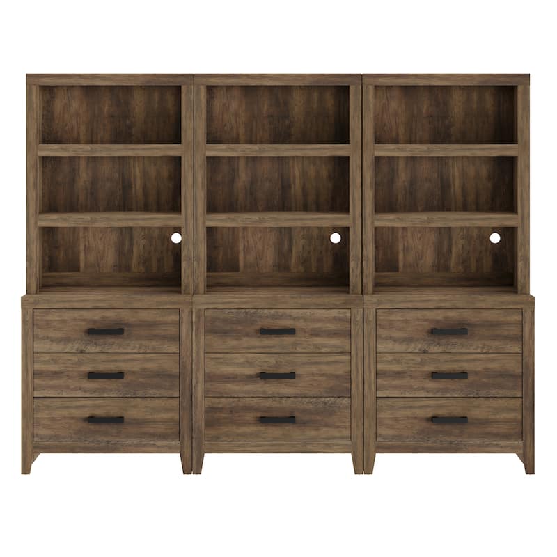 3-Tier Bookshelf with 3 Large Drawers, 74" Tall Farmhouse Bookcase with Wide Metal Handles, for Living Room, Office, Library