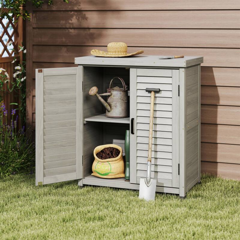 GDF Studio - Outdoor Wooden Potting Bench with Metal Tabletop Workstation and Storage Cabinet
