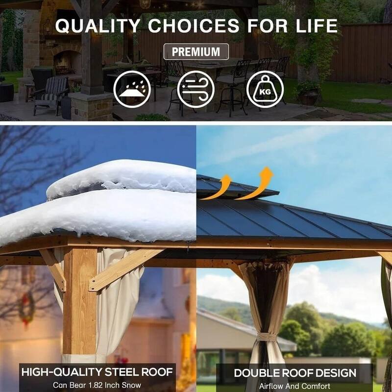 Hardtop Wood Gazebo for Patio, Outdoor Cedar/Spruce Pergola with Metal or Asphalt Roof, All-Weather Backyard Shelter