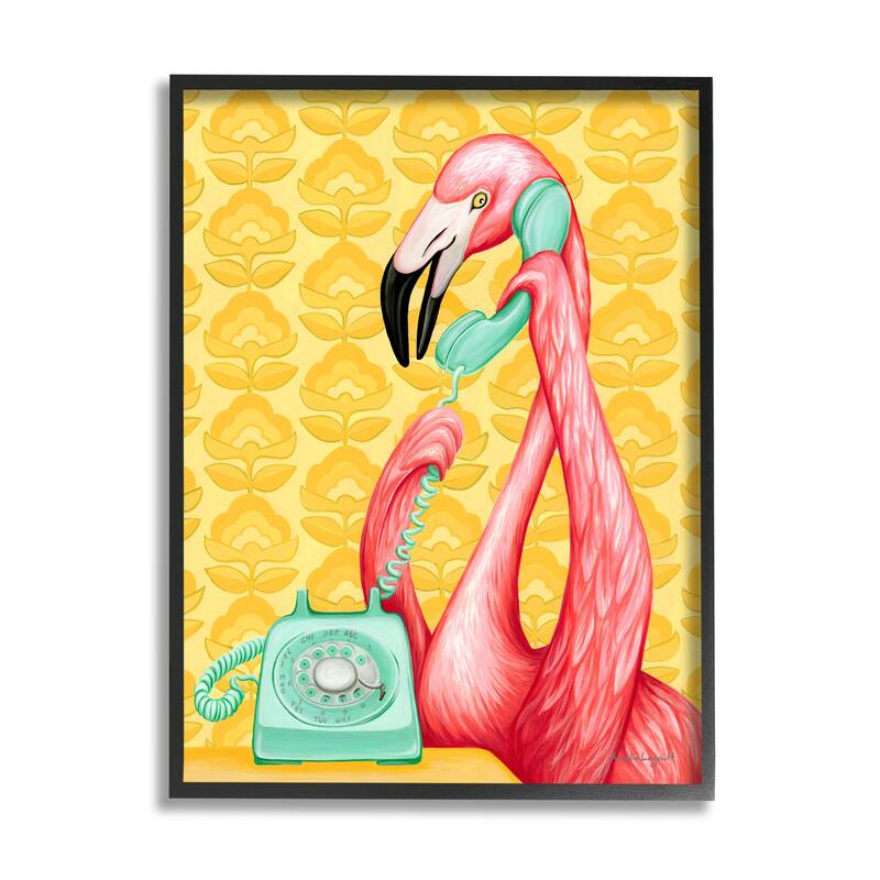 Stupell Flamingo Calling Dial Telephone Groovy Flowers Wallpaper Framed Wall Art, Design by Amelie Legault - Yellow - 16 x 20 - Black