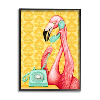 Stupell Flamingo Calling Dial Telephone Groovy Flowers Wallpaper Framed Wall Art, Design by Amelie Legault - Yellow