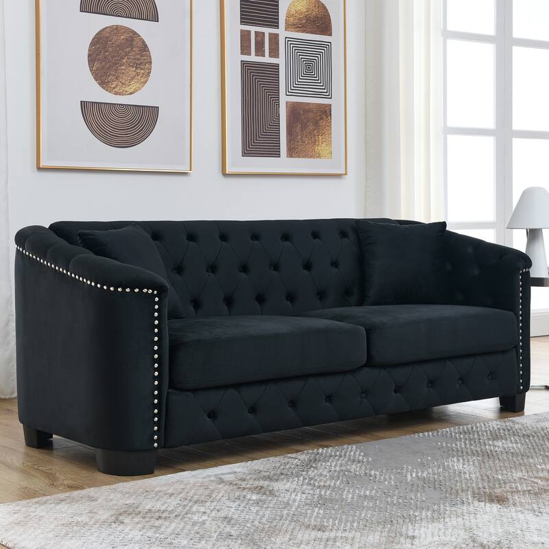 77'' Modern Velvet 3-Seater Sofa with Tufted Backrests, Nailhead Trim, and 2 Pillows - Black+3 Seat