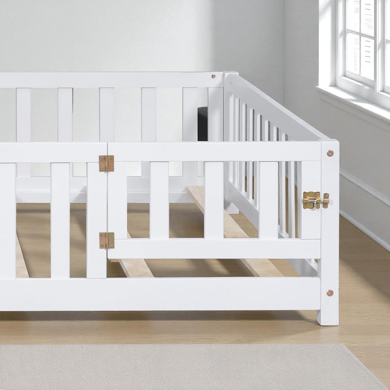 Full Size Montessori Floor Bed with Fence and Door, Solid Wood Platform Bed with Slats for Kids and Toddlers