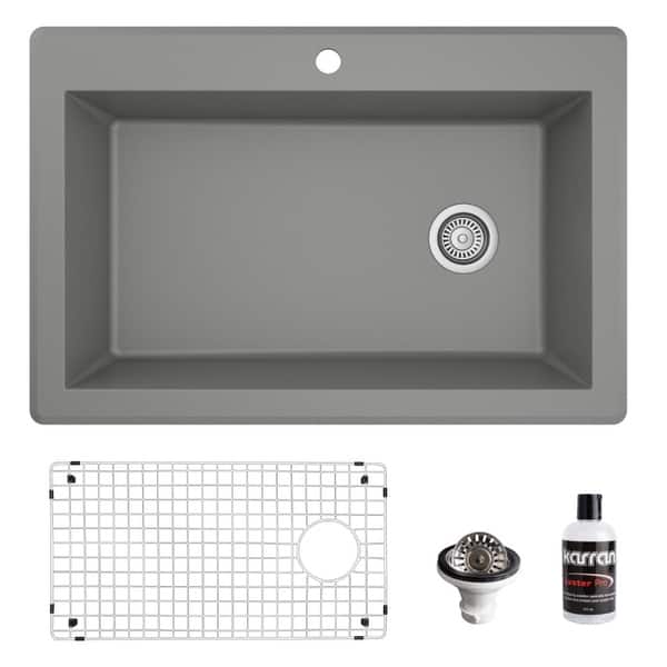 slide 43 of 66, Karran Drop-In Quartz 33 in. 1-Hole Single Bowl Kitchen Sink Kit Grey