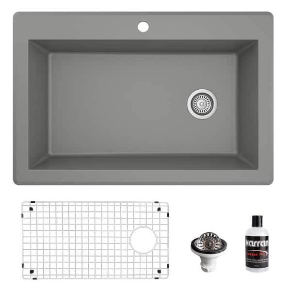 slide 2 of 61, Karran Drop-In Quartz 33 in. 1-Hole Single Bowl Kitchen Sink Kit Grey