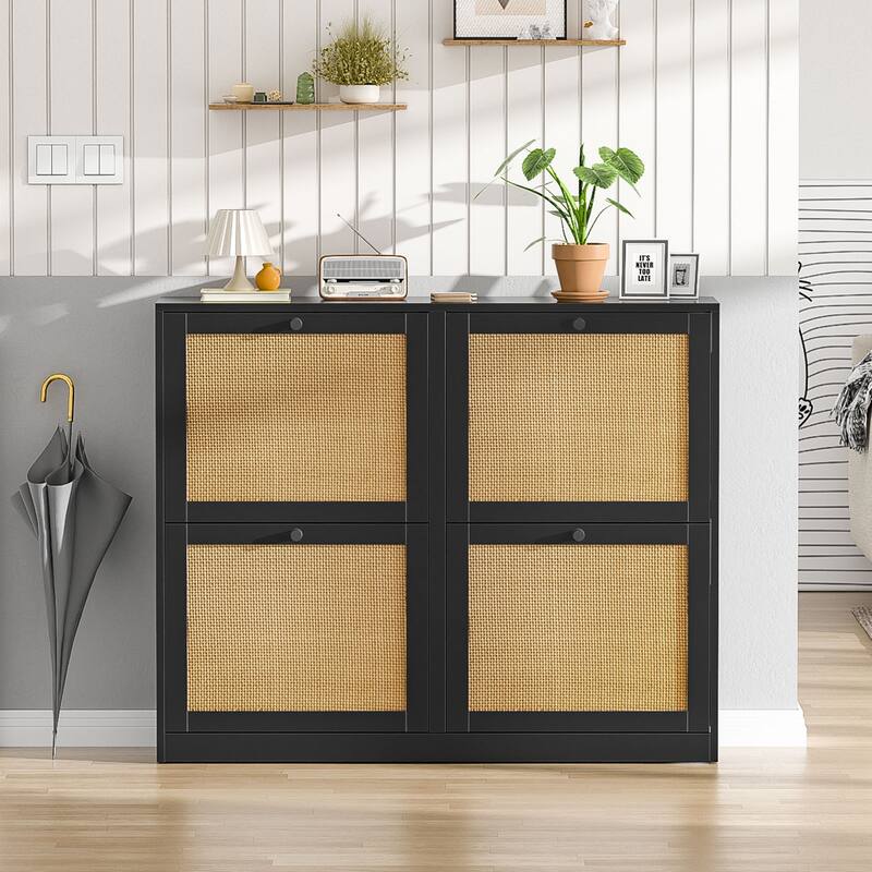 Anmytek 24 Pairs Large White Rattan Shoe Storage Cabinet with 4 Flip Drawers Narrow Shoe Storage Organizer for Entryway