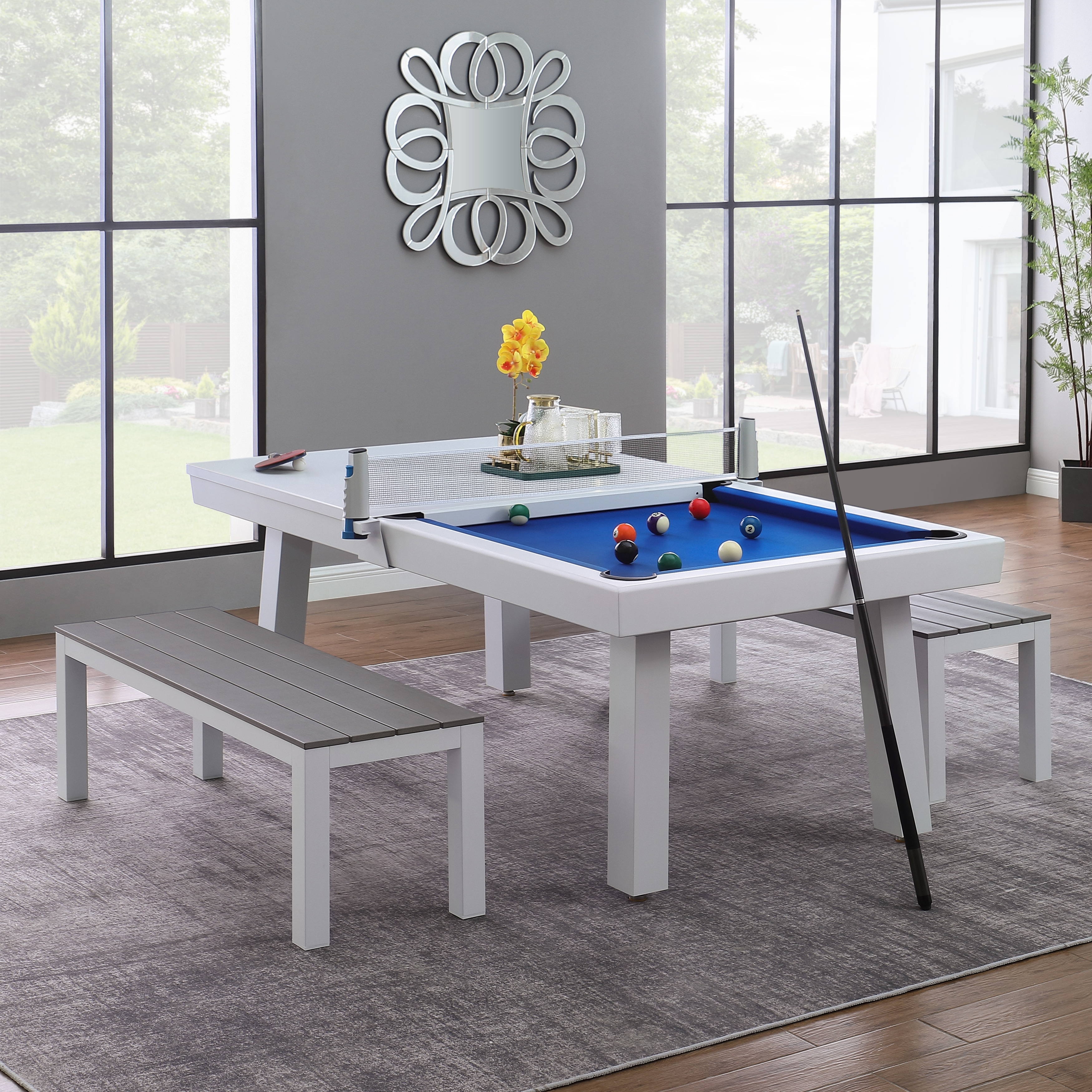 Newport Outdoor 8ft Slate Pool Table Dining Set with 2 Benches Accessories White Finish