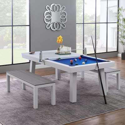 Norwalk Indoor/Outdoor 8ft Slate Pool Table Dining Set with 2 Benches & Accessories, White Finish