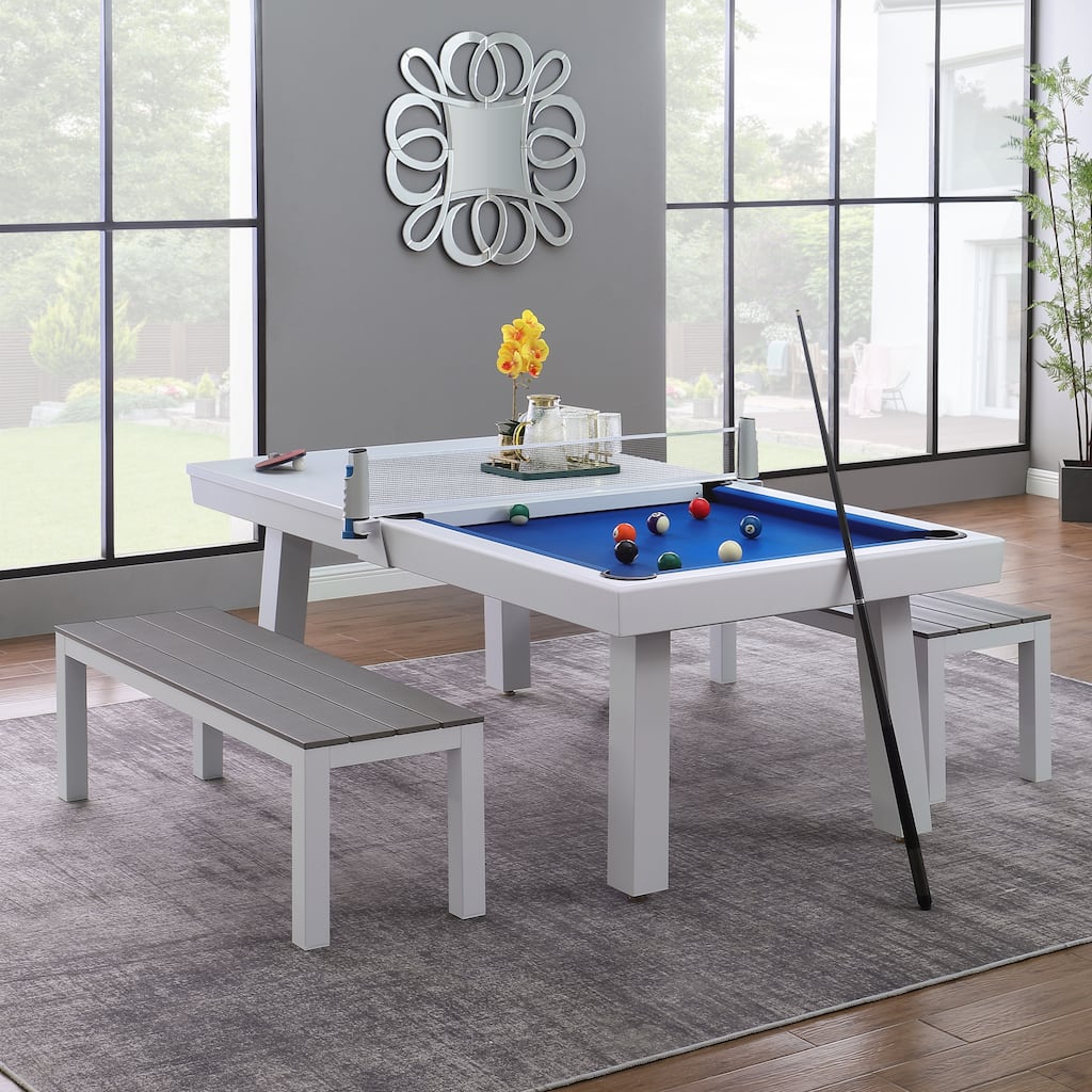 Norwalk Indoor/Outdoor 8ft Slate Pool Table Dining Set with 2 Benches & Accessories, White Finish