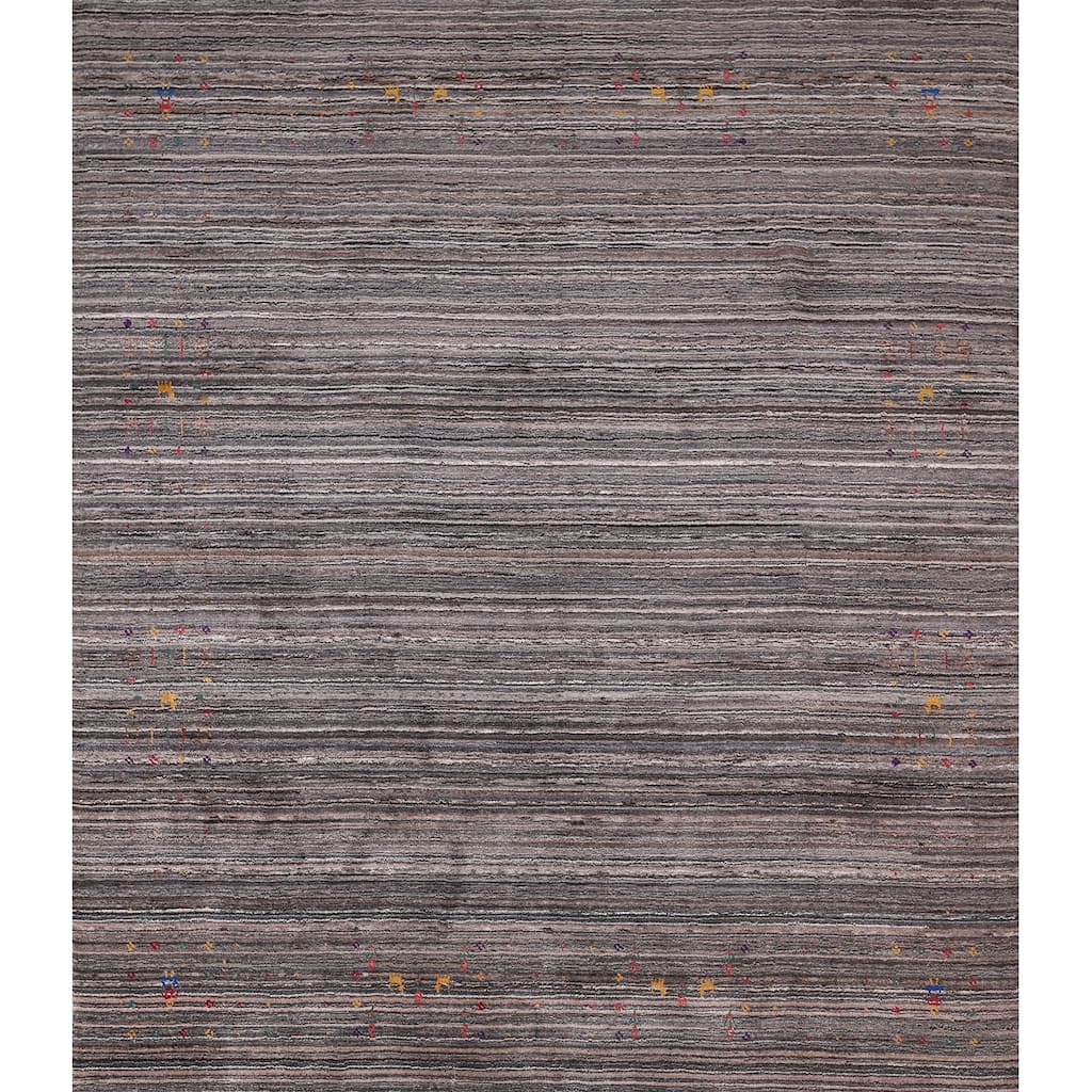 Striped Tribal Gabbeh Indian Square Area Rug Hand-Knotted Wool Carpet - 7'7"x 8'0"