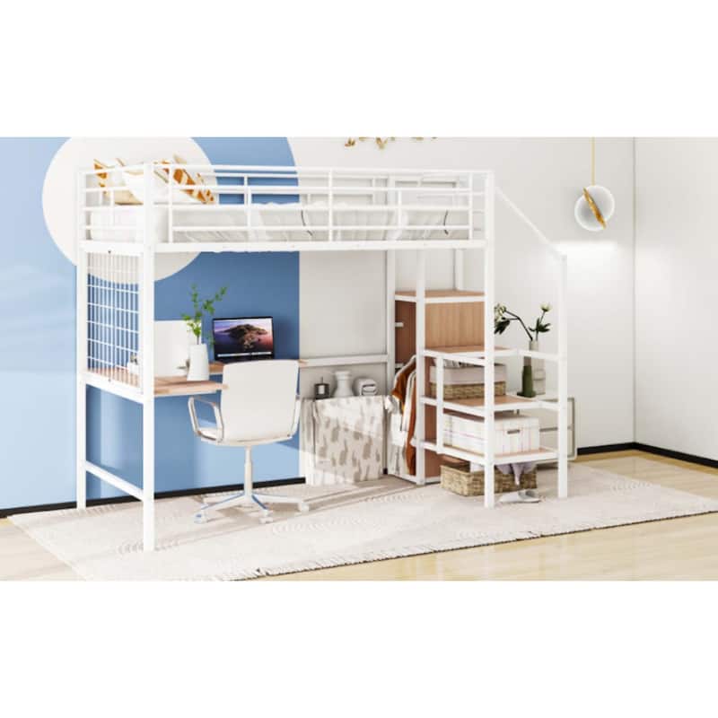 Metal Loft Bed with Desk ,Storage Ladder & Wardrobe