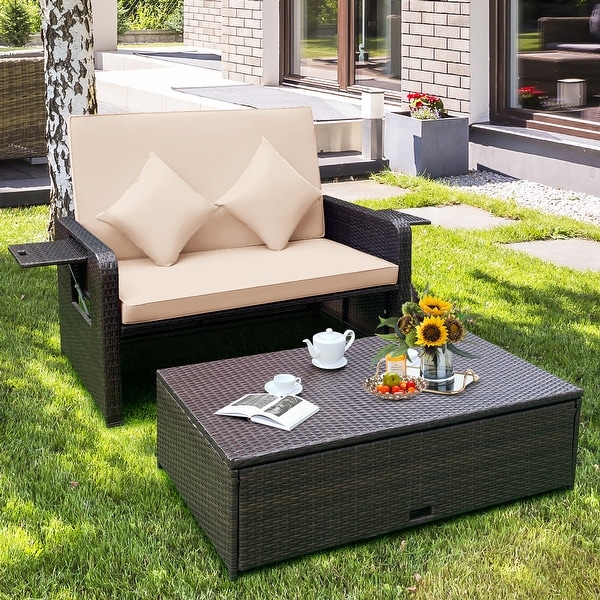 Rattan Two seat Patio Chaise with Storage and Extending Side Tables On Sale Bed Bath Beyond 37174041