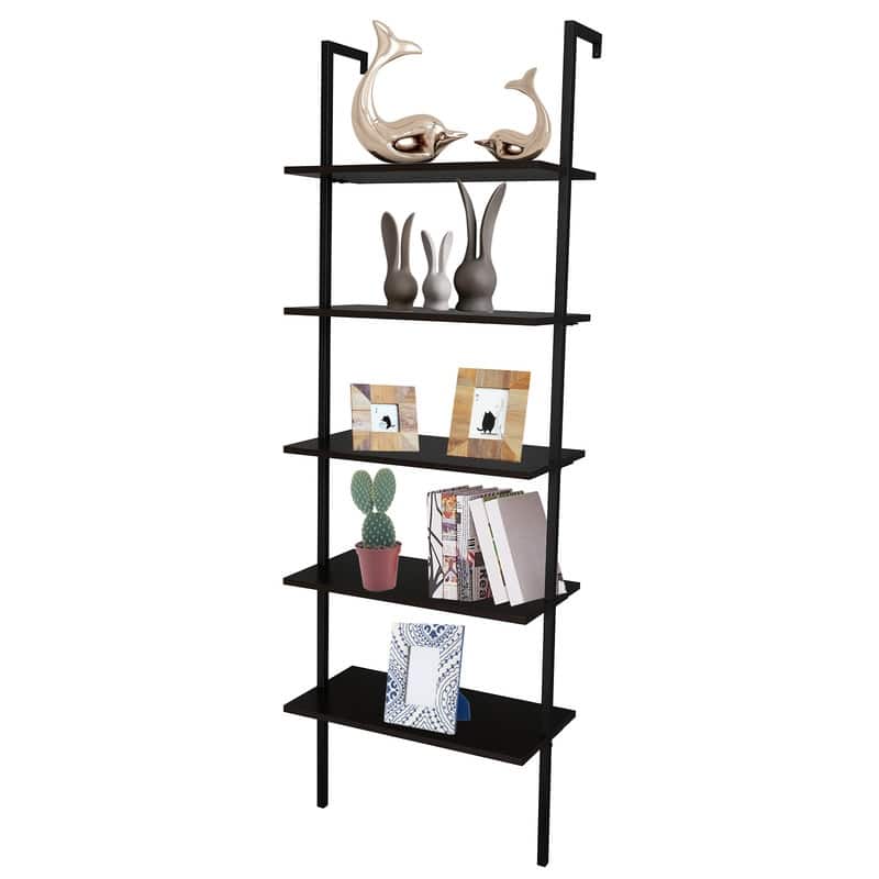 5-Tier Industrial Wood Ladder Bookcase with Metal Frame