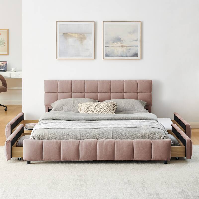 Roomfitters Queen Upholstered Chenille Platform Bed with Headboard and Hidden Storage Drawer, Solid Frame