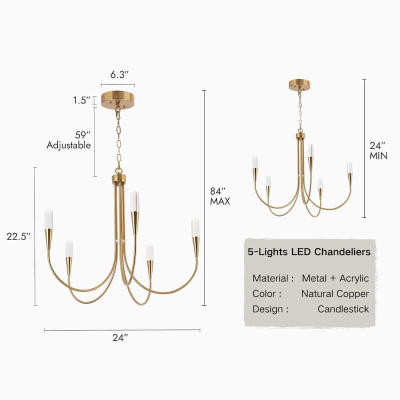 Modern Elegant 5-Light Gold LED Chandelier Dimmable Pendant Light Height Adjustable for Dining Room - 24" D x 22.5" H