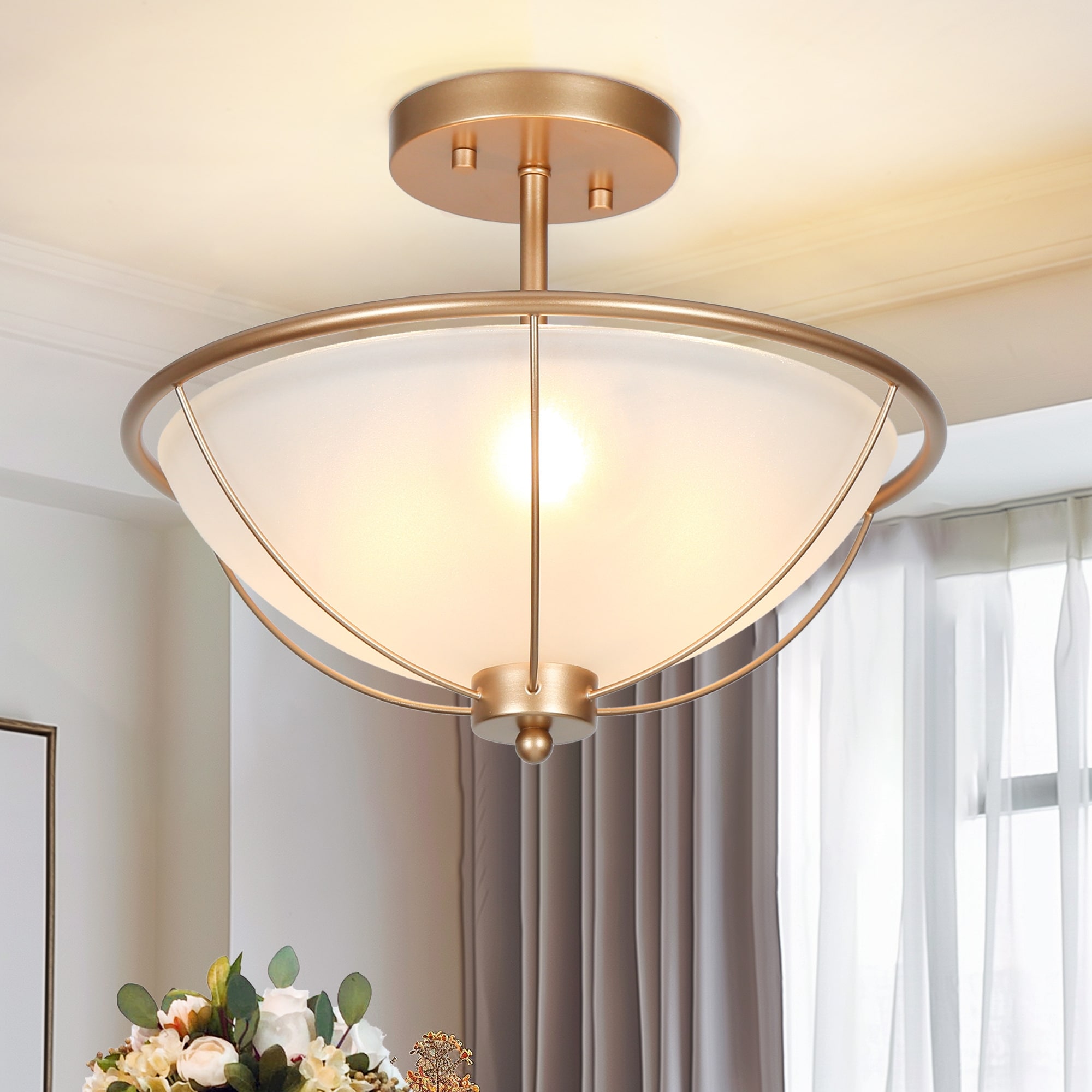 Mid Century Modern 3 Light Gold Semi Flush Mount Ceiling Frosted Glass Light for Kitchen 13 D x 11 H