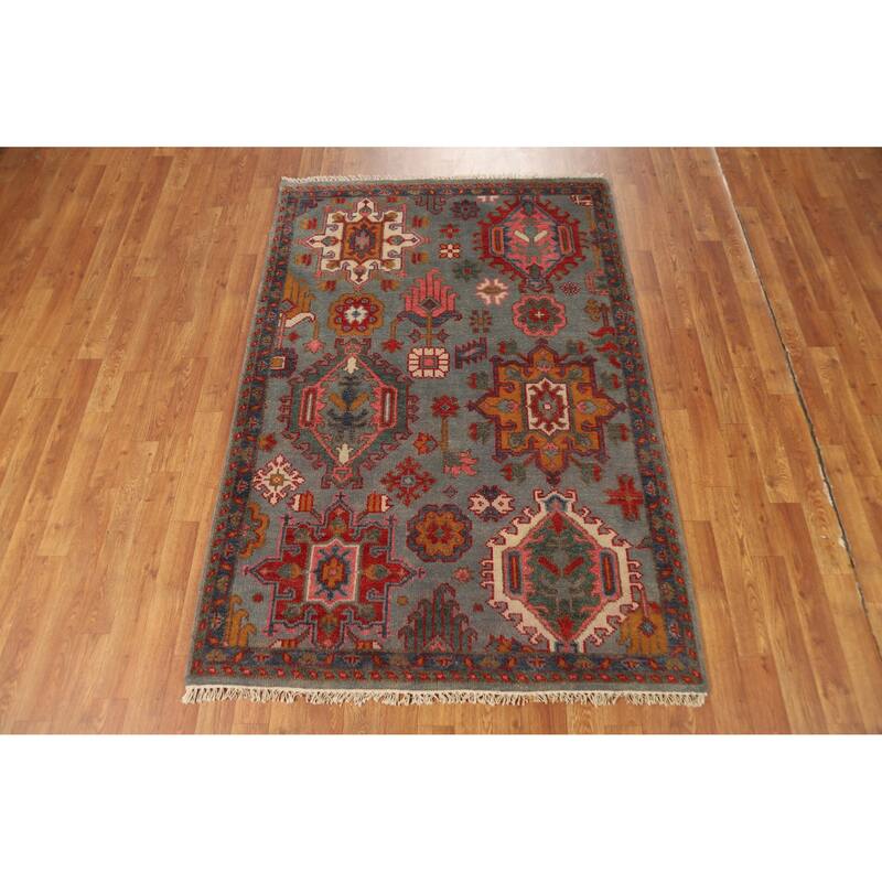 Hand Knotted Oriental 100% Wool Carpet Traditional Geometric Greys & Charcoal Kazak Area Rug - 5' 10'' X 4' 0''