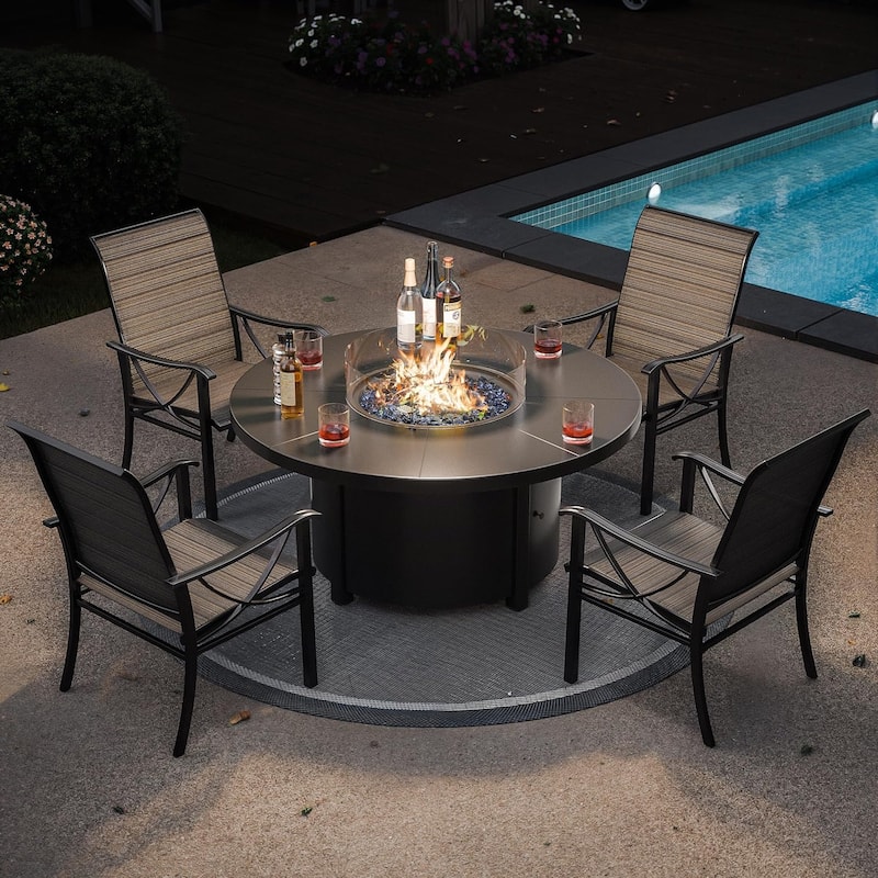 Kullavik Textilene Chairs and Round Gas Fire Pit Table, Outdoor Patio Furniture Set