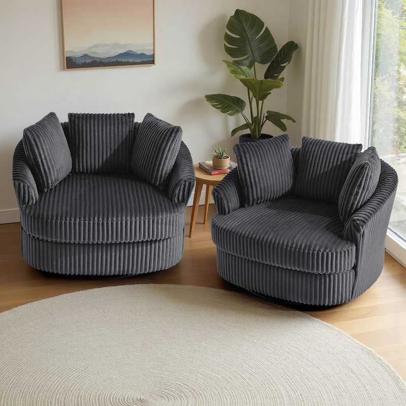2 Set Oversized 43" W Plush Corduroy Swivel Barrel Chair with Pillows - Dark Grey