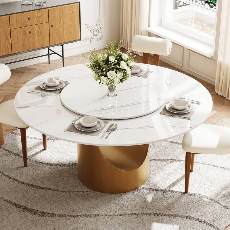 51 &59" Modern Round Dining Table for Diningroom，White Glossy Stone Tabletop,Bronze Carbon Pedestal