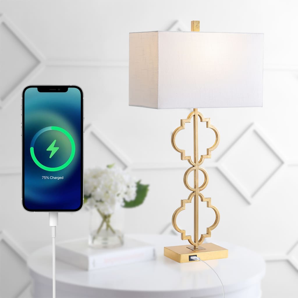 Miami 32" Iron Ogee Trellis Modern LED USB Table Lamp, Gold by JONATHAN Y
