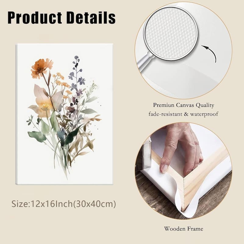 Set of 3 Minimalist Watercolor Flower Pictures Vintage