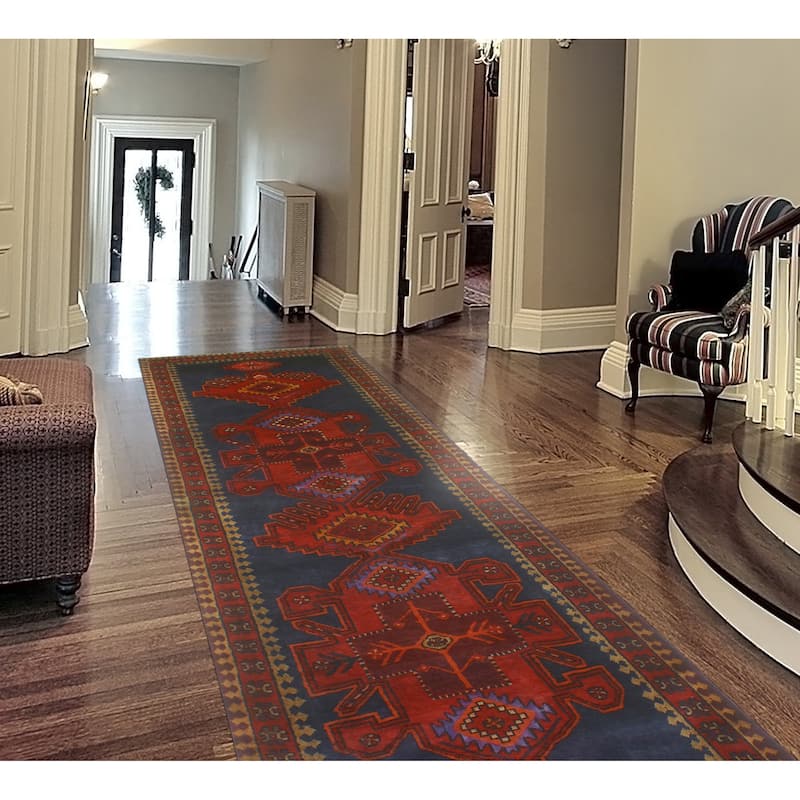 Fine Vintage Distressed Annetta Red/Navy Runner - 3'6" x 12'6"