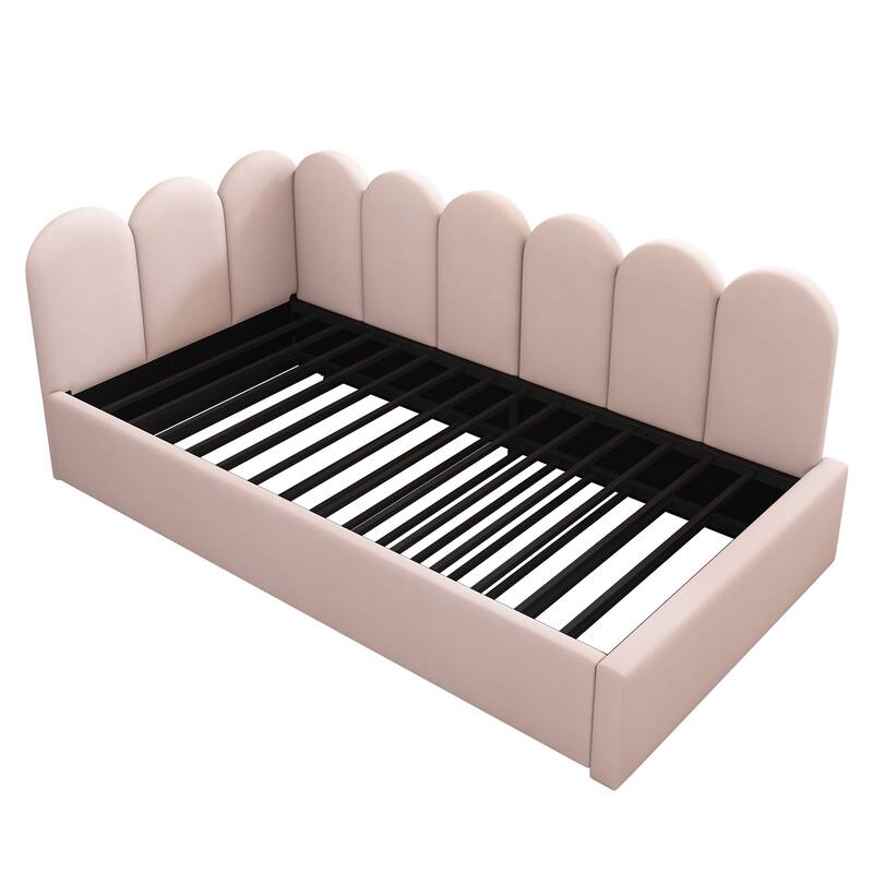 Twin Size Upholstered Daybed with Pull-Out Bed, Velvet Pink Sofa Bed for Adults and Kids, Metal Slatted Frame
