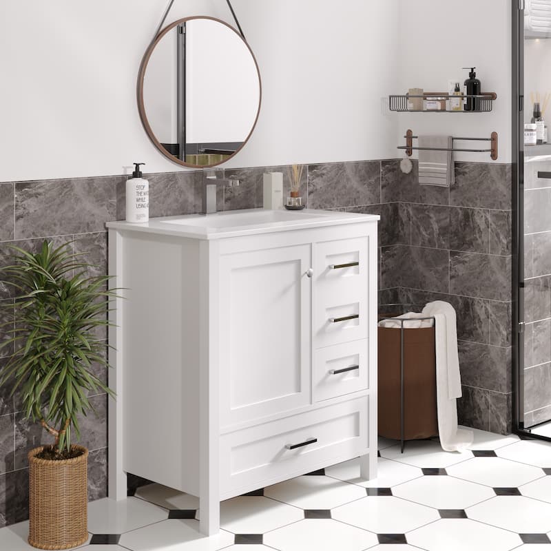 EROMMY All-in-One Bathroom Vanity with Ceramic Sink, Soft-Close Storage Cabinet & Drawer, Glossy Countertop, White - 27"