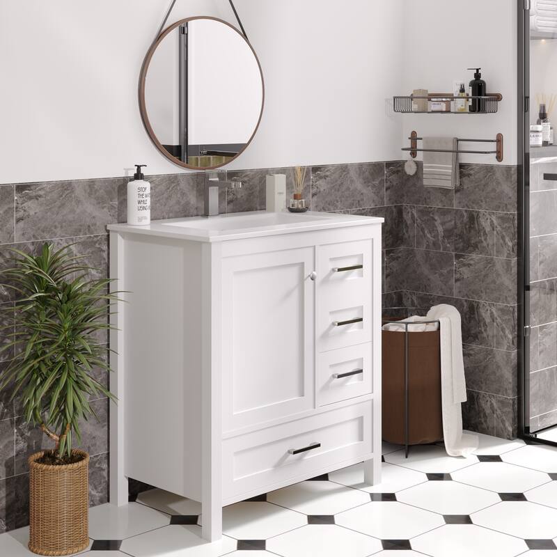 Modern Bathroom Vanity with Ceramic Sink, Soft-Close Storage Cabinet and Glossy Easy-Clean Countertop - 30"