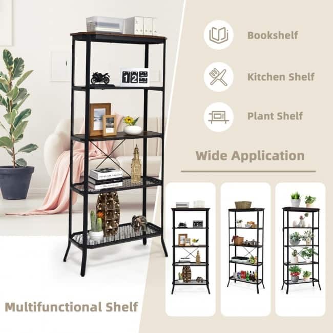 Industrial 5-Layer Bookshelf with Out-Stretched Legs-Rustic Brown - 31.5" x 13.5" x 67.5" (L x W x H)