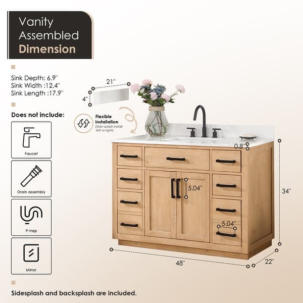 Gavino 42 in.W x 22 in.D x 34 in.H Bath Vanity in Light Brown with Grain White Composite Stone Top