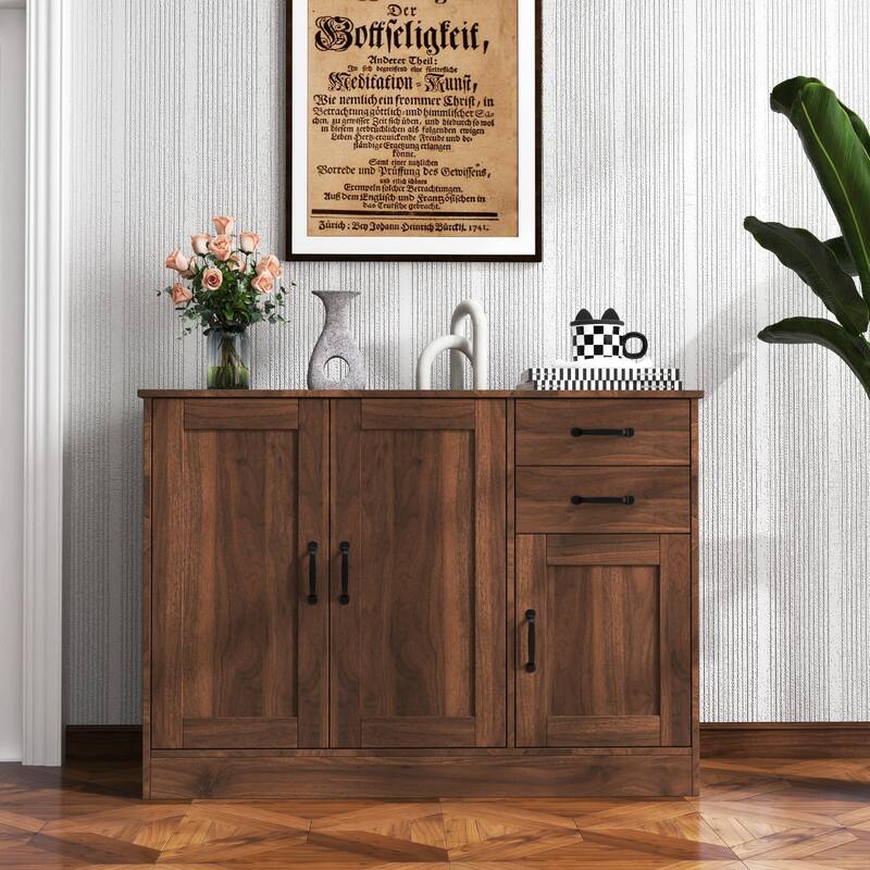 Modern Wood Storage Cabinet with 2 Doors, 1 Shelf and 2 Drawers for Entryway, Dining Room - Walnut