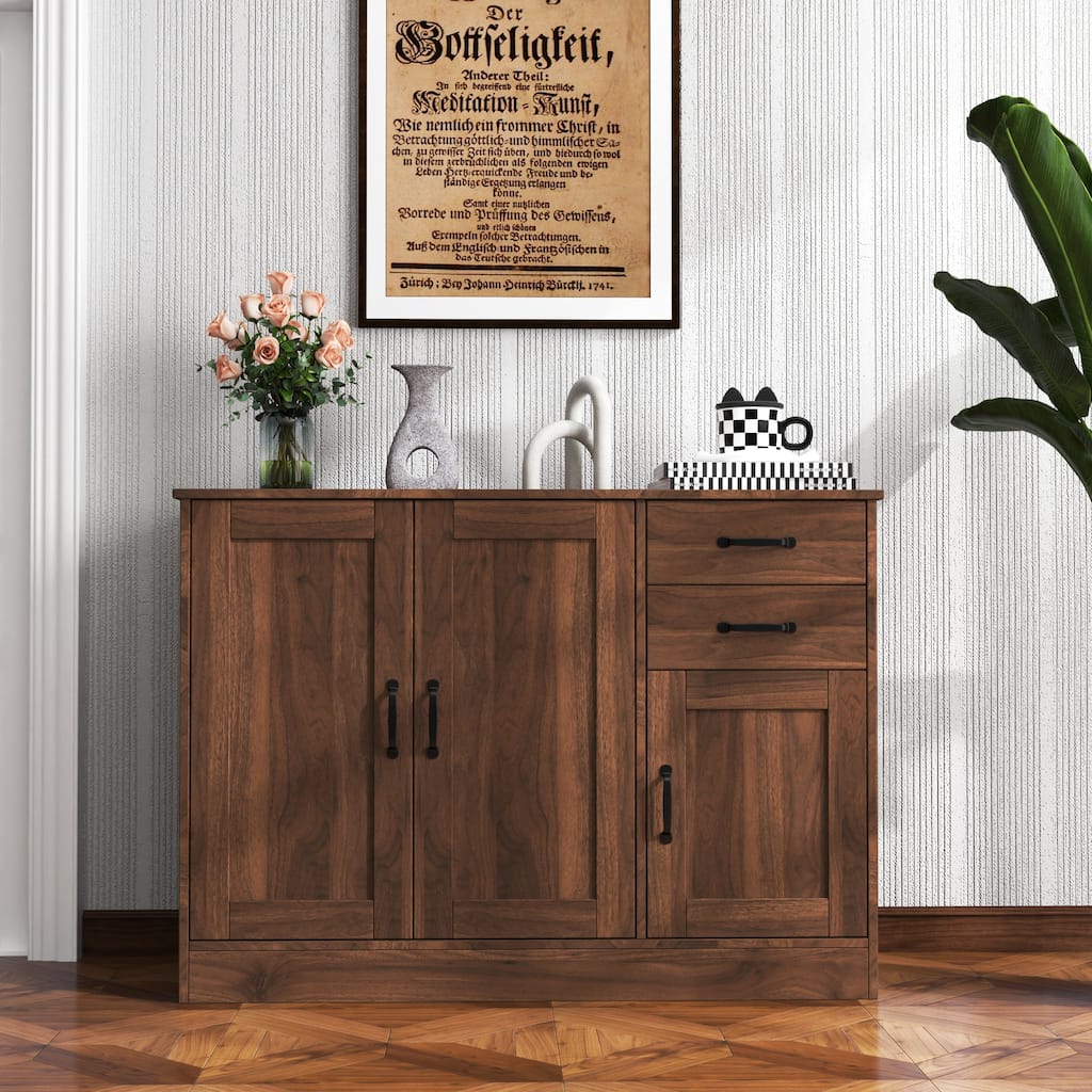 Roomfitters Modern Walnut Buffet Sideboard, 43" Dining Storage Cabinet with Drawers and Doors, Walnut