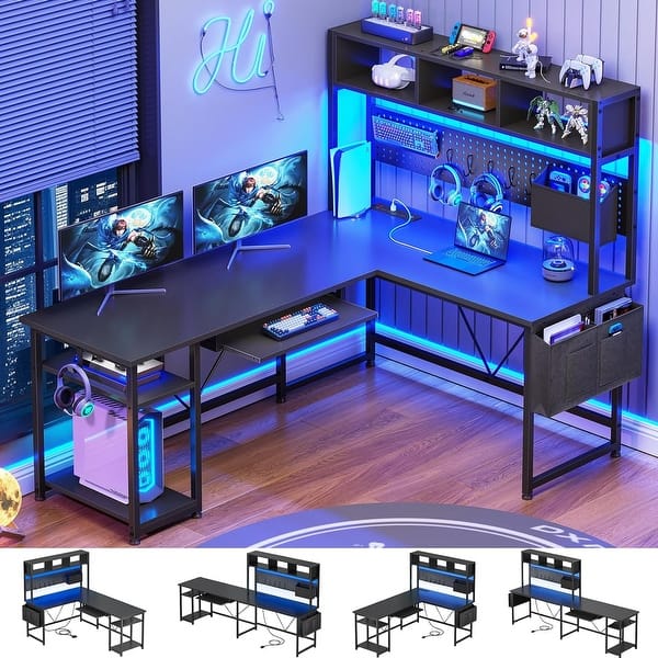 slide 2 of 10, L Shaped Gaming Desk Computer Desk Corner Desk Pegboard Power Outlet 57.5"W - Black