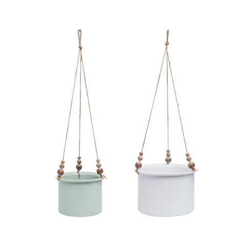 Foreside Home & Garden Set of 2 Metal Hanging Planters with Wood Bead Details - 9.25x9.25x5.75
