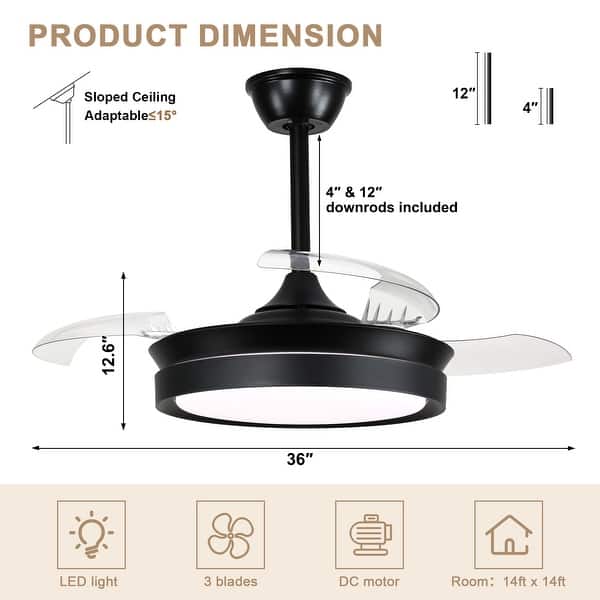 dimension image slide 5 of 8, Bella Depot 36" Modern Retractable Ceiling Fan with Dimmable Led Light, Remote and APP Control 6-Speed Reversible DC Motor