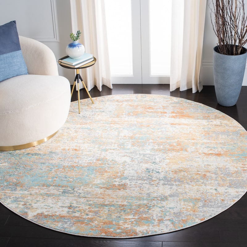 SAFAVIEH Aria Floranda Modern Abstract Rug - 6'7" Round - Ivory/Aqua