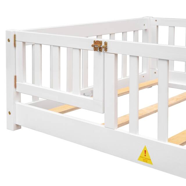 Twin/Full/Queen size Floor Platform Bed with Fence and Door for Kids, Toddlers
