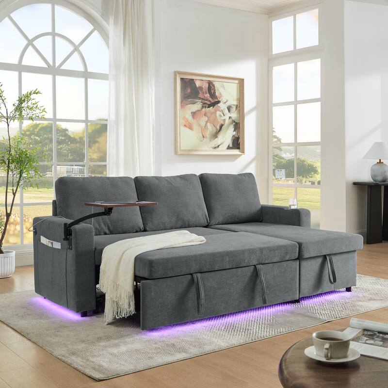 Modern Chenille Multi-functional Pull-Out Bed Sofa with Retractable Table and LED Lighting