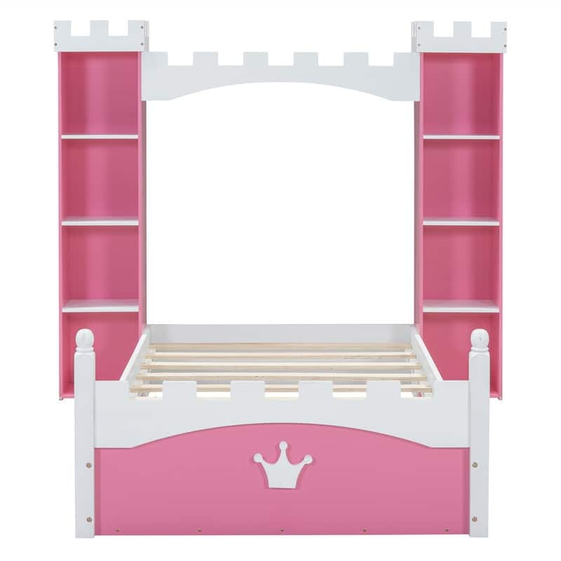 Castle-Shaped Princess Bed with Bedside Storage Shelves, Twin Size Wooden Platform Bed with Crown Footboard for Kids