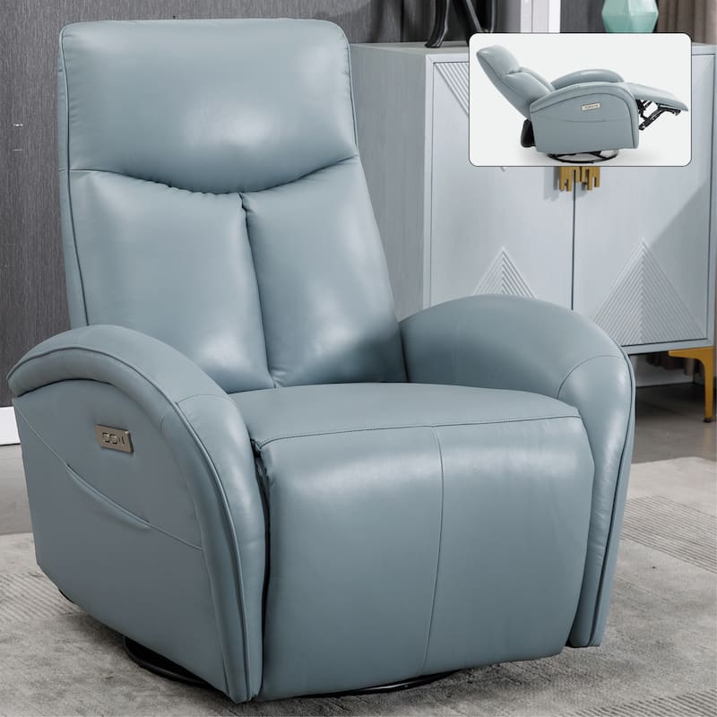 Genuine Leather Power Recliner Chair, 270° Swivel Rocker, USB, Type-C