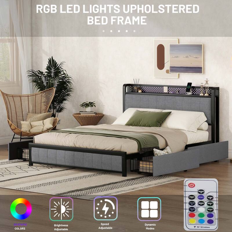 Queen Bed Frame with LED Headboard, Upholstered Bed with 4 Storage